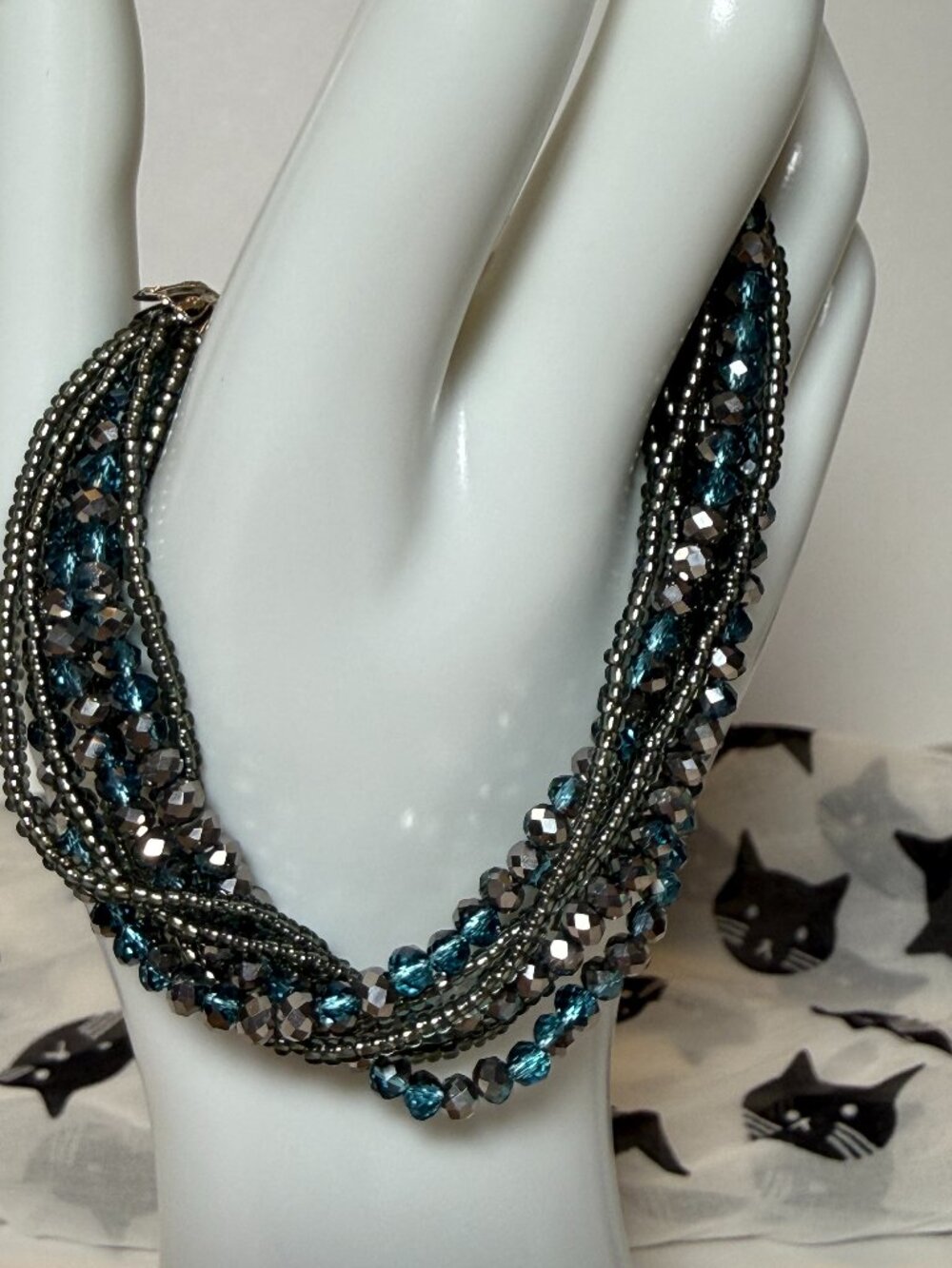 Multi Strand Beaded Jeweled Bracelet Magnetic Clasp Blue Silver Boho Sparkle